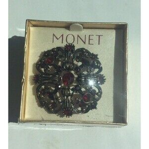 Monet Rhinestone Brooch Pin, Red Flower Brooch, Vintage Brooch,  Retro Brooch,